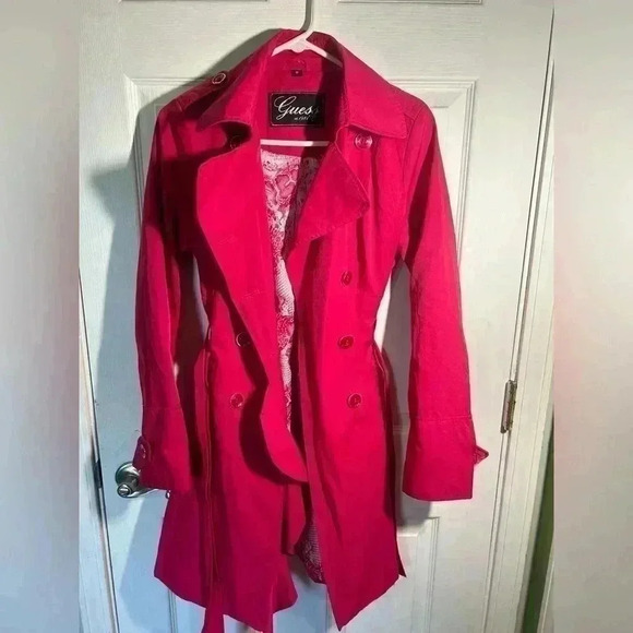 Guess Jackets & Blazers - Guess trench coat. bright pink. Button up and tie waist. Size Medium. GUC!
